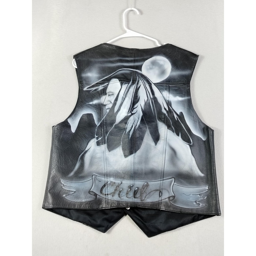 Vintage Italiano Vest Mens 40 Black Leather Bikercore Chief Hand Painted